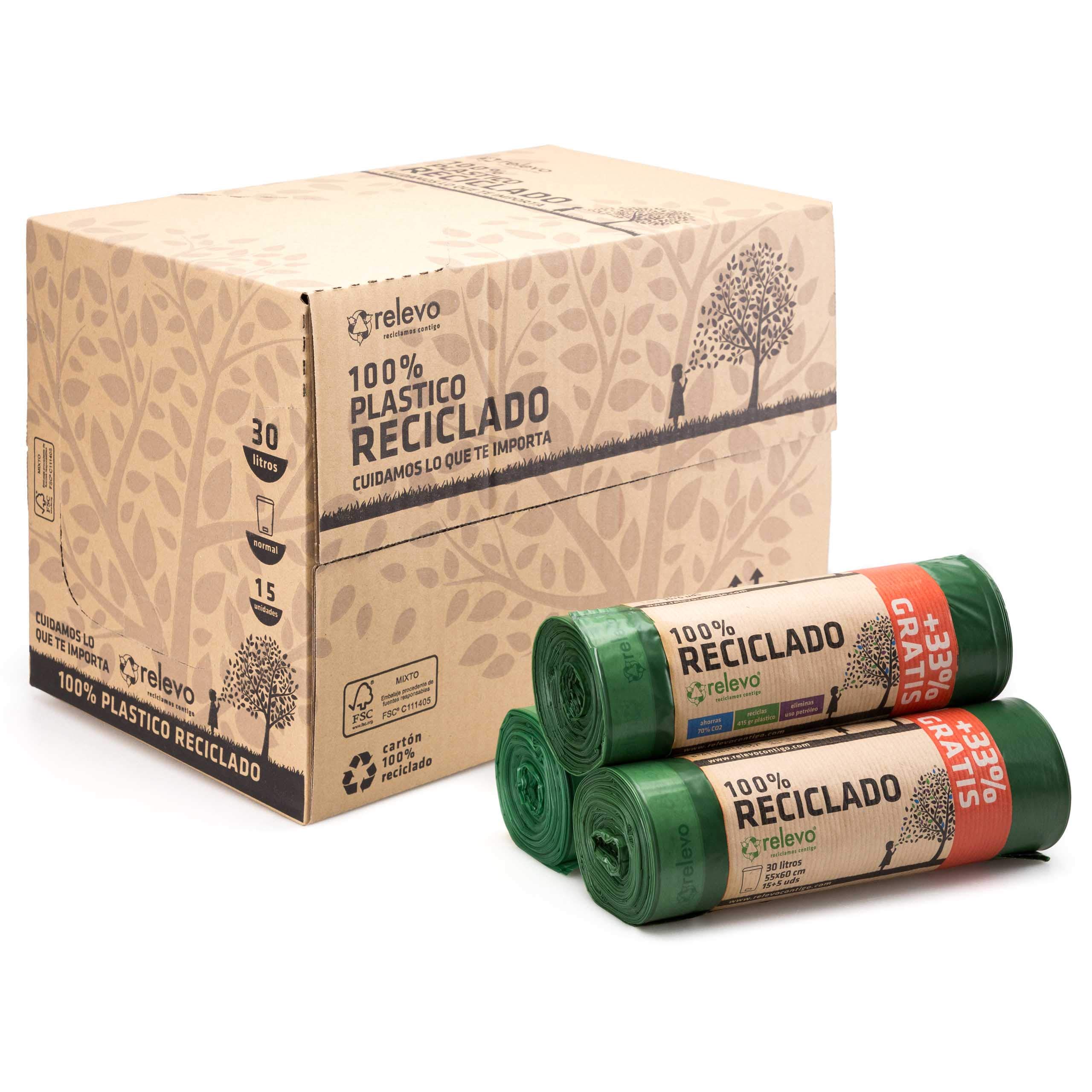 Relevo Green Drawstring Bin Bags - 30L (Width 55 cm x Height 60 cm), 480 Bags (24 Rolls × 20 Bags) | Extra Strong Bin Liners| 100% Recycled LDPE from Greenhouses | Blue Angel Certified