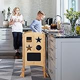 Guidecraft Classic Kitchen Helper® Stool and 2 Keepers - Natural: Wooden Adjustable Height, Folding Kitchen Step Stool for To