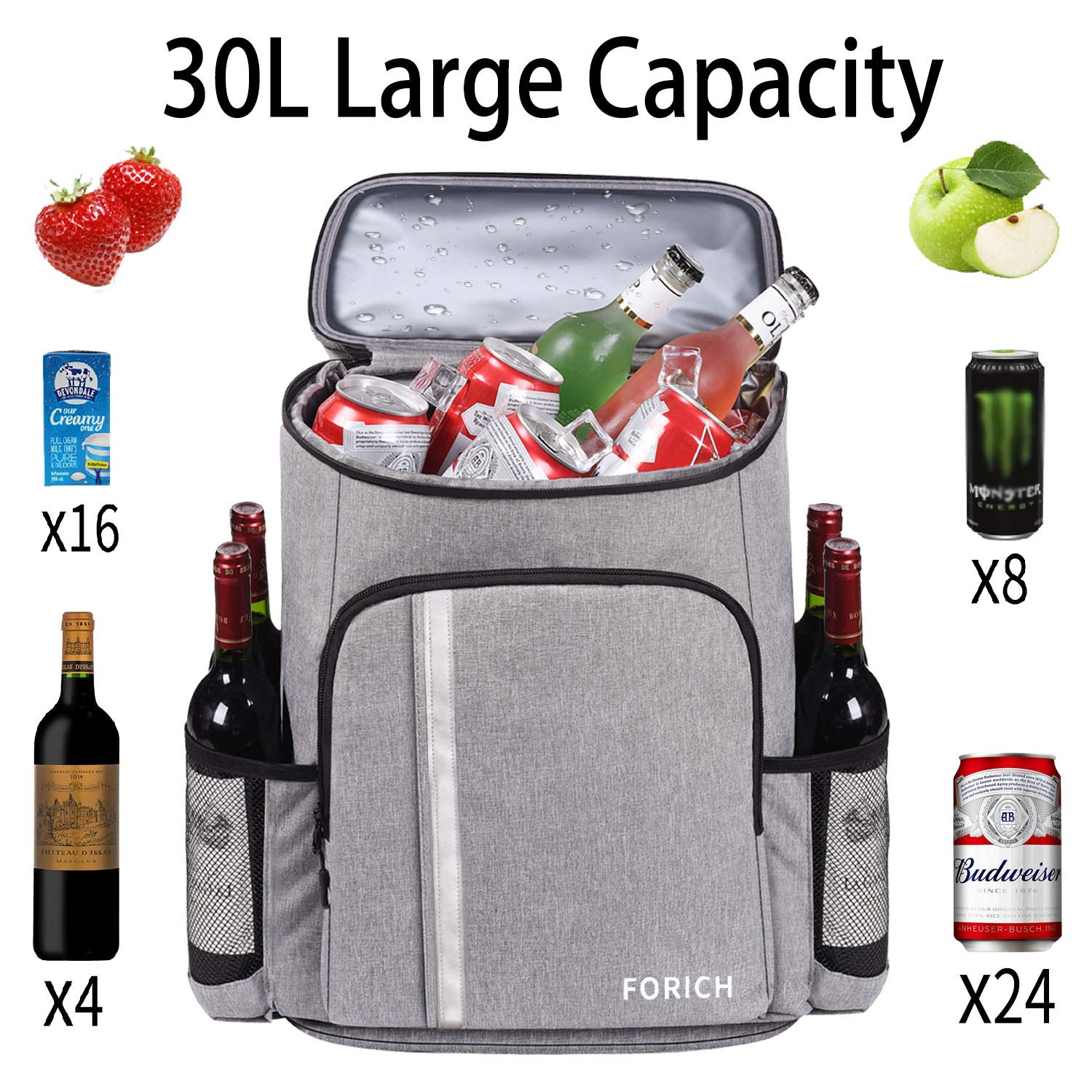 FORICH Backpack Cooler Leakproof Insulated Waterproof Backpack Cooler Bag, Lightweight Soft Beach Cooler Backpack for Men Women to Work Lunch Picnics Camping Hiking, 30 Cans