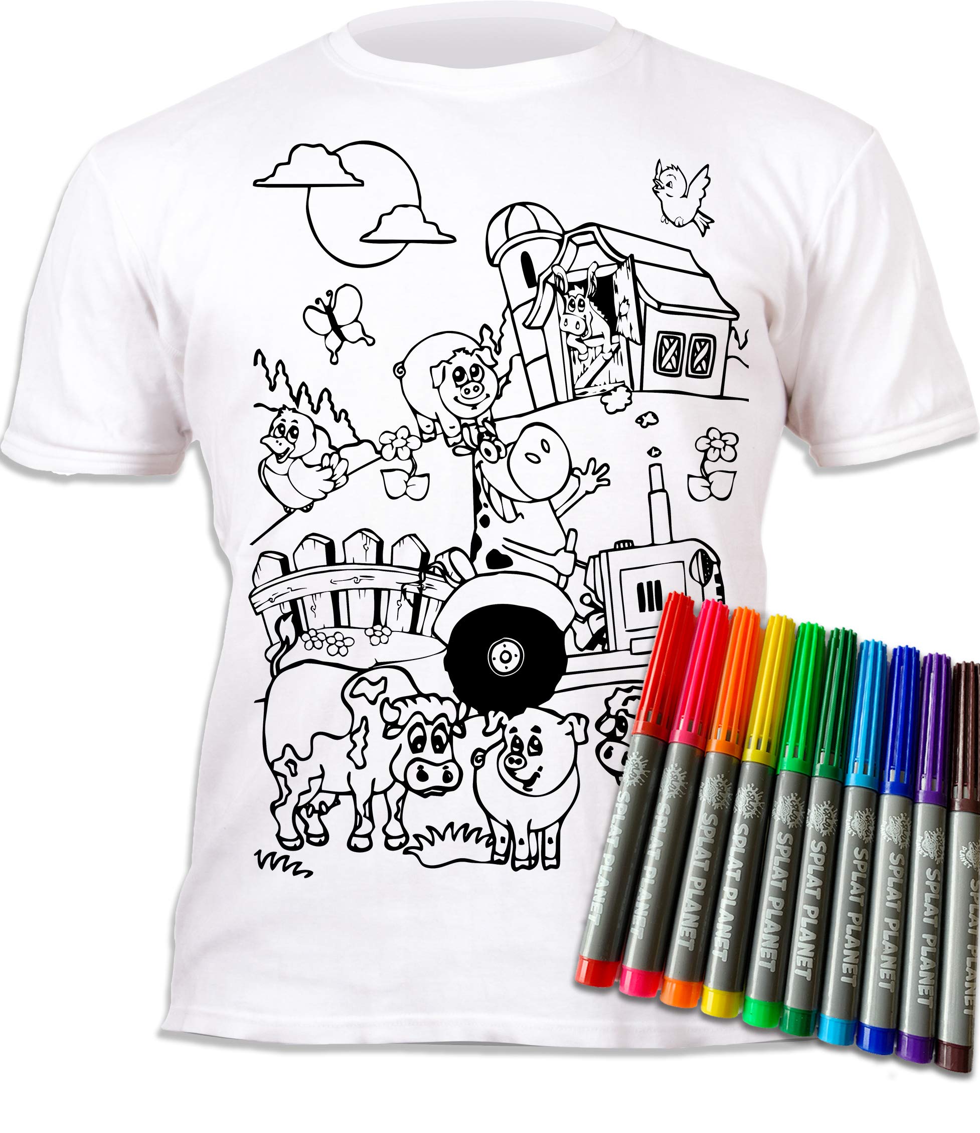 Splat Planet Farm Magic Colouring T-Shirt with 10 Washable Magic Pens - Colour Your T-Shirt, Colour & Wash & Recolour