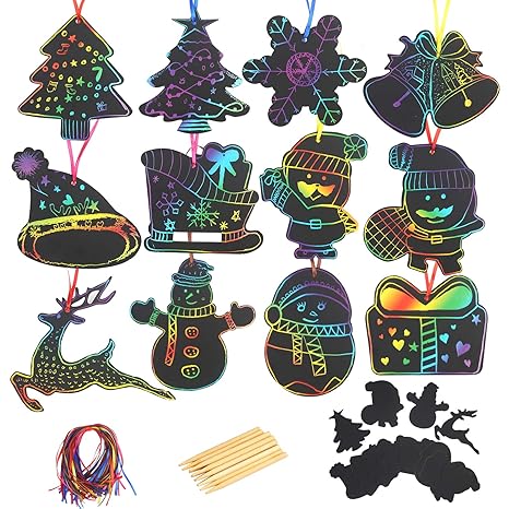 Katoom 48stk Kratzbilder Set Weihnachtsdeko Regenbogen Kratzpapier Zum Basteln Kinder Scratch Paper Diy Kratzbilderbastelsets Zum Zeichnen 12