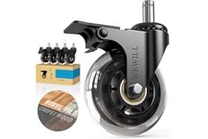 WEWILL 3" Office Chair Caster Wheels with Brake, 5-Pack Heavy Duty PU Replacement Wheels, Universal 11x22mm Stem, Quiet Smoot
