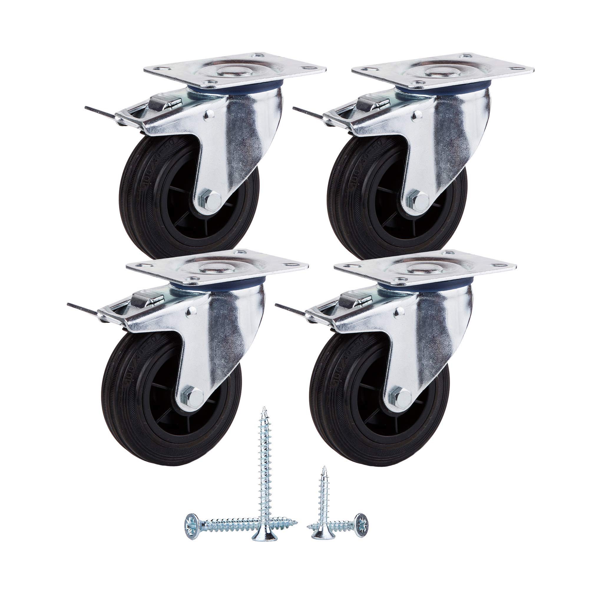 (Pack of 4) Swivel Castors 80 mm Soft Rubber Quiet Movement Wheels Furniture Wheels Casters with Mounting Plates Casters with Brakes Industrial Trolley Wheels (4, with Brakes)