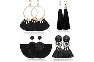 Udalyn 4 Pairs Tassel Earrings for Women Dangle Clip On Earrings Colorful Bohemian Tassel Earrings Statement Earrings Handmade Jewelry Non Piercing Earrings for Sensitive Ears
