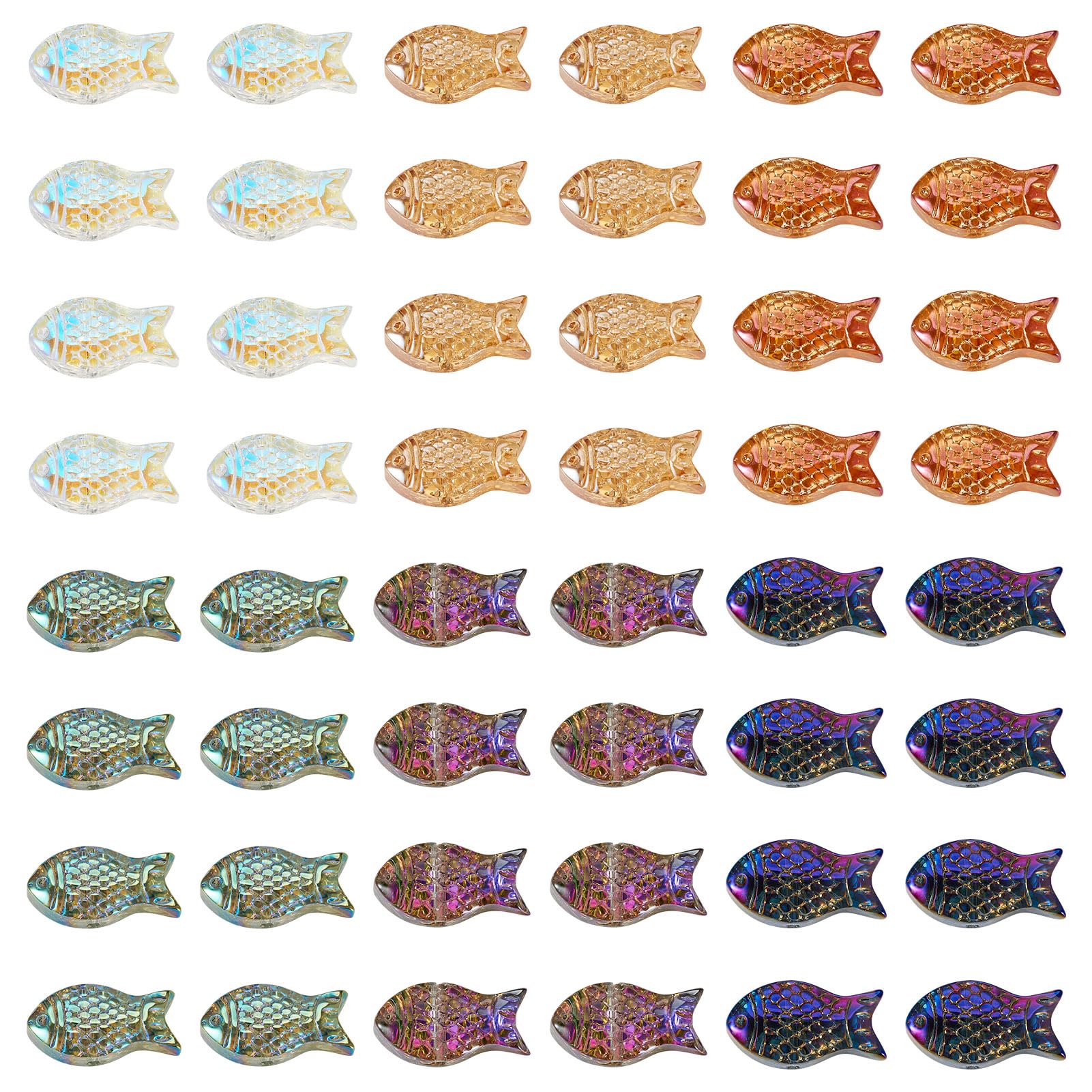 Crafans Fish Glass Beads 6 Colors Ocean Animal Glass Beads Transparent Rainbow Plated Fish Spacer Bead Hawaii Summer Bead for DIY Bracelet Jewelry Making, 60Pcs