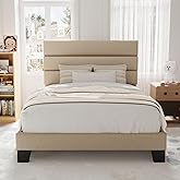 Allewie Twin Size Platform Bed Frame with Fabric Upholstered Headboard and Wooden Slats Support, Fully Upholstered Mattress Foundation/No Box Spring Needed/Easy Assembly, Beige