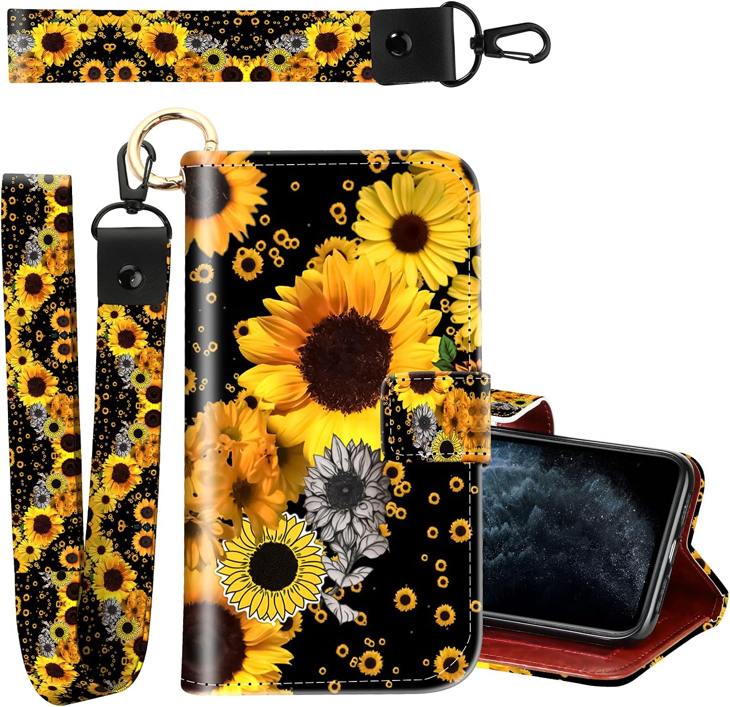 KANGHAR iPhone 11 ProMax Leather Case, Full Body Protective Flip Wallet Case with Card Slot and Bracket, Two Wrist Straps, Suitable for Women iPhone 11 ProMax 6.5 Inch Sunflower