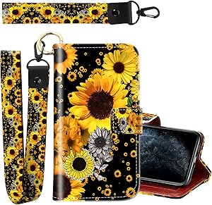 KANGHAR iPhone 11 ProMax Leather Case, Full Body Protective Flip Wallet Case with Card Slot and Bracket, Two Wrist Straps, Suitable for Women iPhone 11 ProMax 6.5 Inch Sunflower