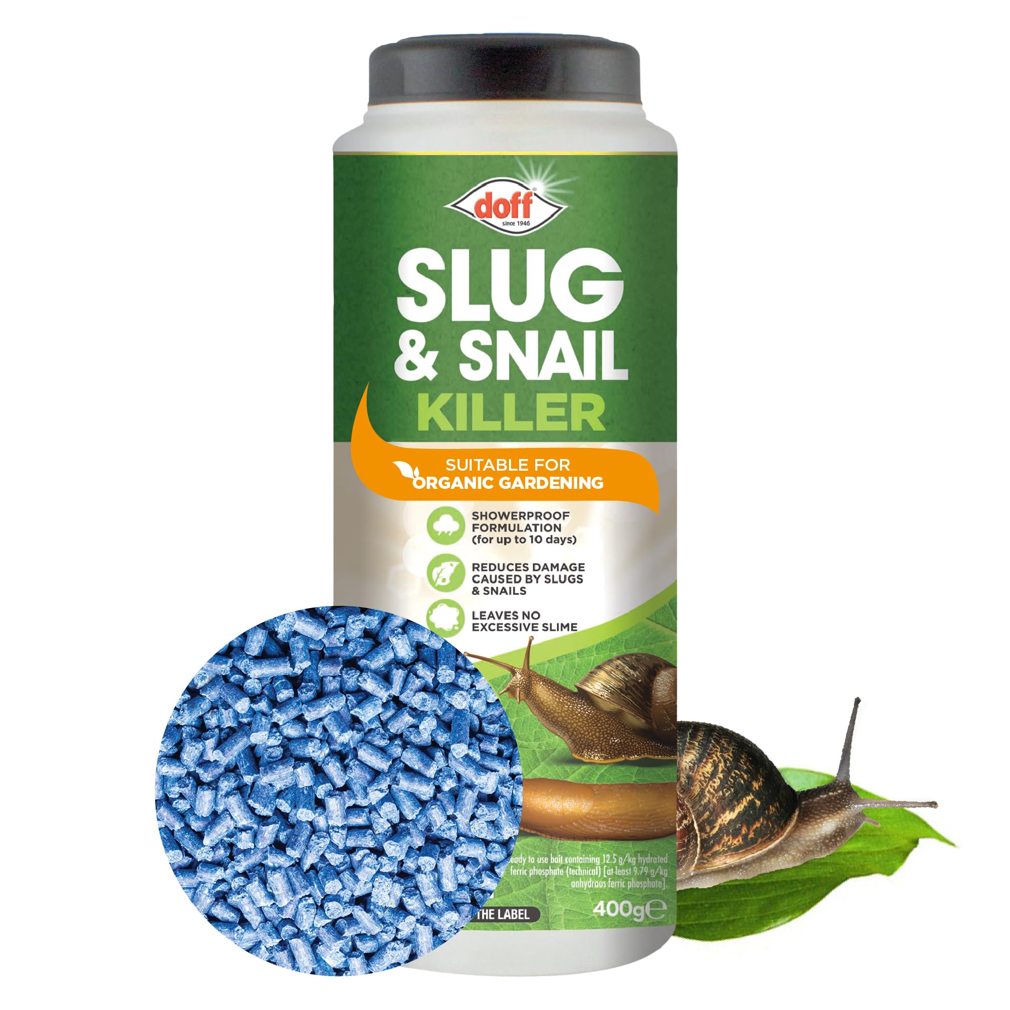 Doff Slug & Snail Killer | 400g Garden Slug Pellets | Ferric Phosphate Formula for Effective Slug and Snail Control | Long-Lasting Protection in Damp Conditions for Up to 14 Days - Safe for Crops