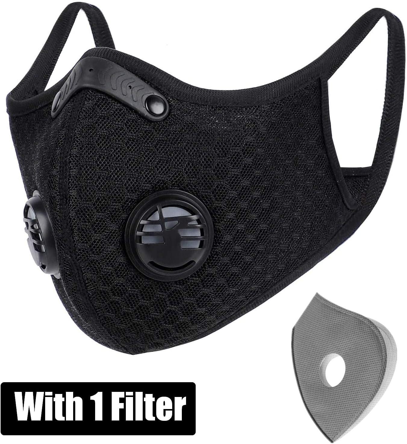 ZITION Breathing Dustproof Anti Dust Fabric Mouth Face Mask with Filters,for Air Pollution, Replaceable Activated Carbon PM2.5 Respirator Sports Mask(1 BLACK MASK+1 FILTER)