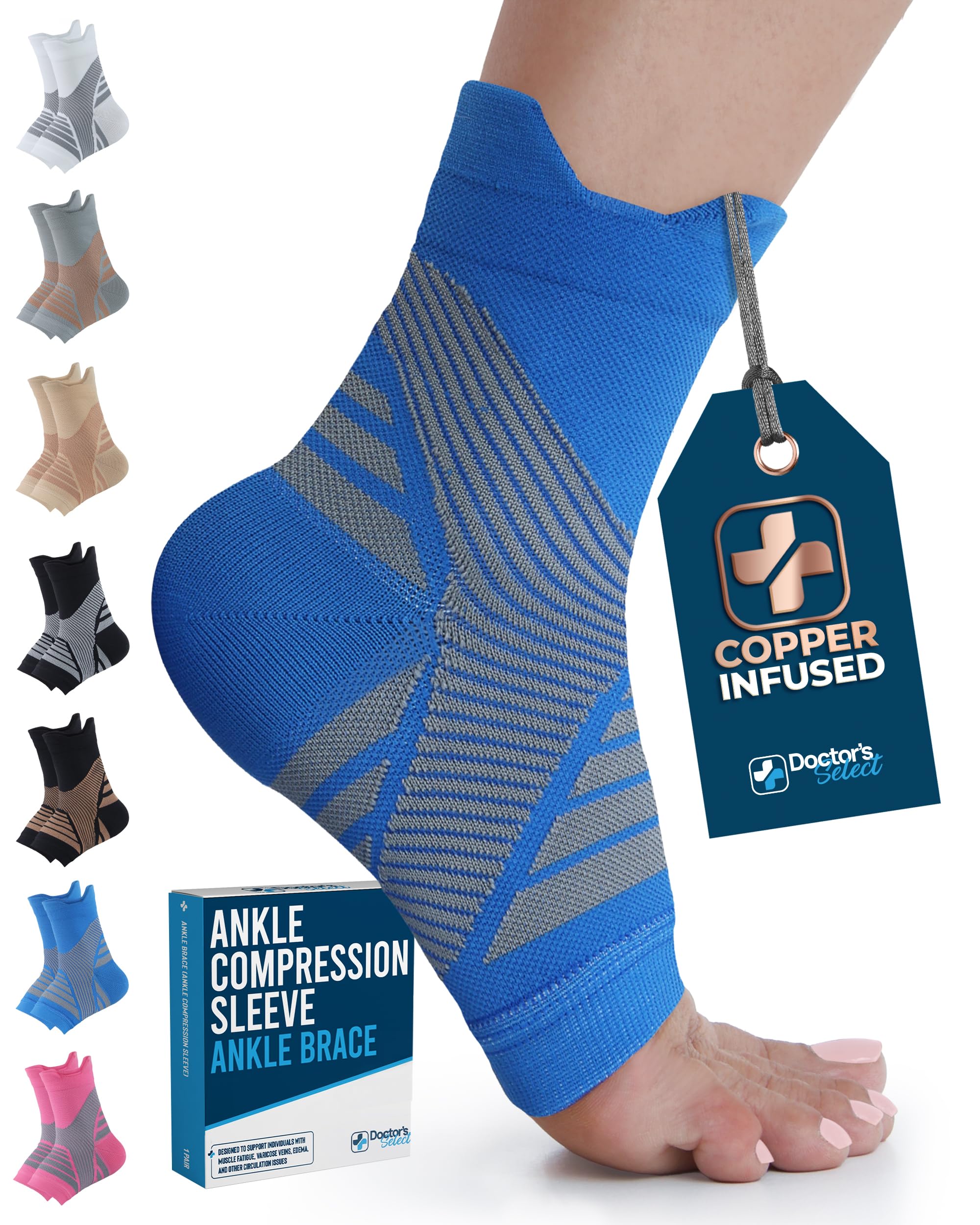 Photo 1 of Doctor's Select Copper Ankle Compression Sleeve - Copper Ankle Braces for Men, Plantar Fasciitis Compression Socks, Foot Wraps for Pain, Compression Ankle Sleeve, Blue
