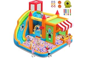 FBSPORT Inflatable Bounce House Water Slide, Bounce House for Kids with Toy Market Stand Splash Pool Bouncer Climbing Wall Water Gun Ball Dart, Bouncy Castle W/620W Blower for Outdoor Indoor, Red