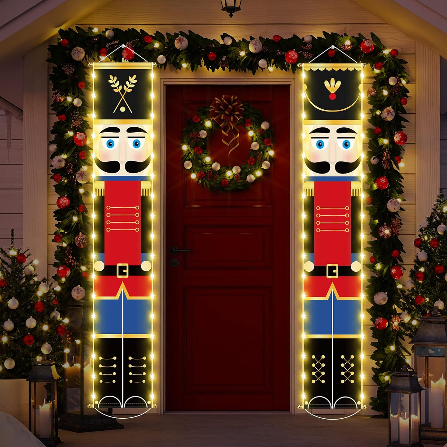 Nutcrackers - Nutcracker Christmas Decorations Nutcrackers Banners Porch with LED String Lights Xmas Nutcracker Decor Tall Soldier Model Nutcracker Outdoor Banners for Home Front Door Yard Holiday Party Supplies