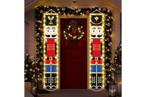 Lounsweer Nutcracker Christmas Decorations Nutcrackers Banners Porch with LED String Lights Xmas Decor Tall Soldier Model Outdoor Banners for Door Yard Holiday(White,Red)