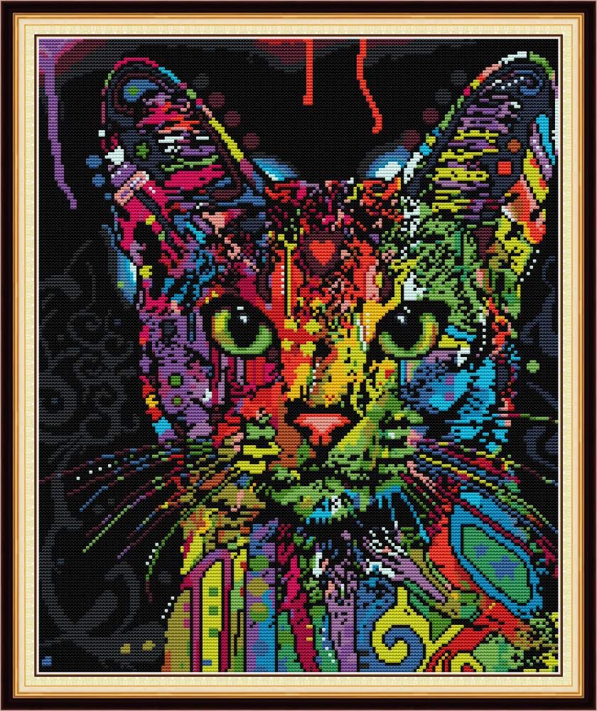 Abillyn Embroidery Cross Stitch Kits Colorful Cat Stamped with Printed Pattern Starter Kit (Colorful Cat)
