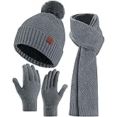 AWAYTR Winter Beanie Hat Gloves Scarf Set for Women - 3 Piece Knit Gift Set with Pom Pom Hat Touch Screen Gloves and Scarf
