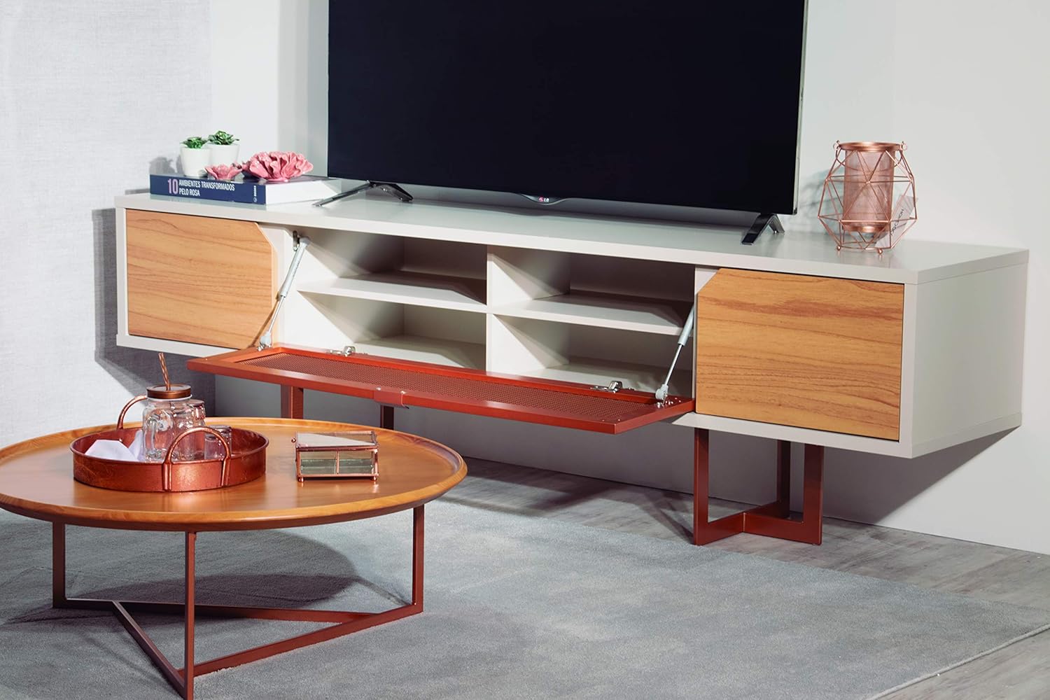 Manhattan Comfort Knickerbocker Contemporary Modern Six Shelves Free Television Stand, 81.1", Cinnamon/Off White: Furniture & Decor