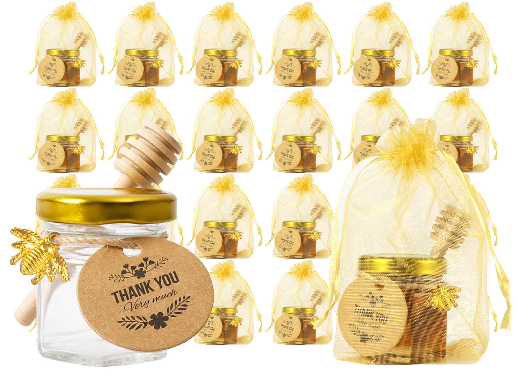 Photo 1 of 1.5oz 24 Pack Mini Glass Hexagon Canning Jars with Gold Lid, Bee Charms Pendant, Honey Dipper Sticks, Gold Gift Bags, Thank You Gift Tags, Jute Tag String, Baby Shower, Wedding Favors (24-golden)