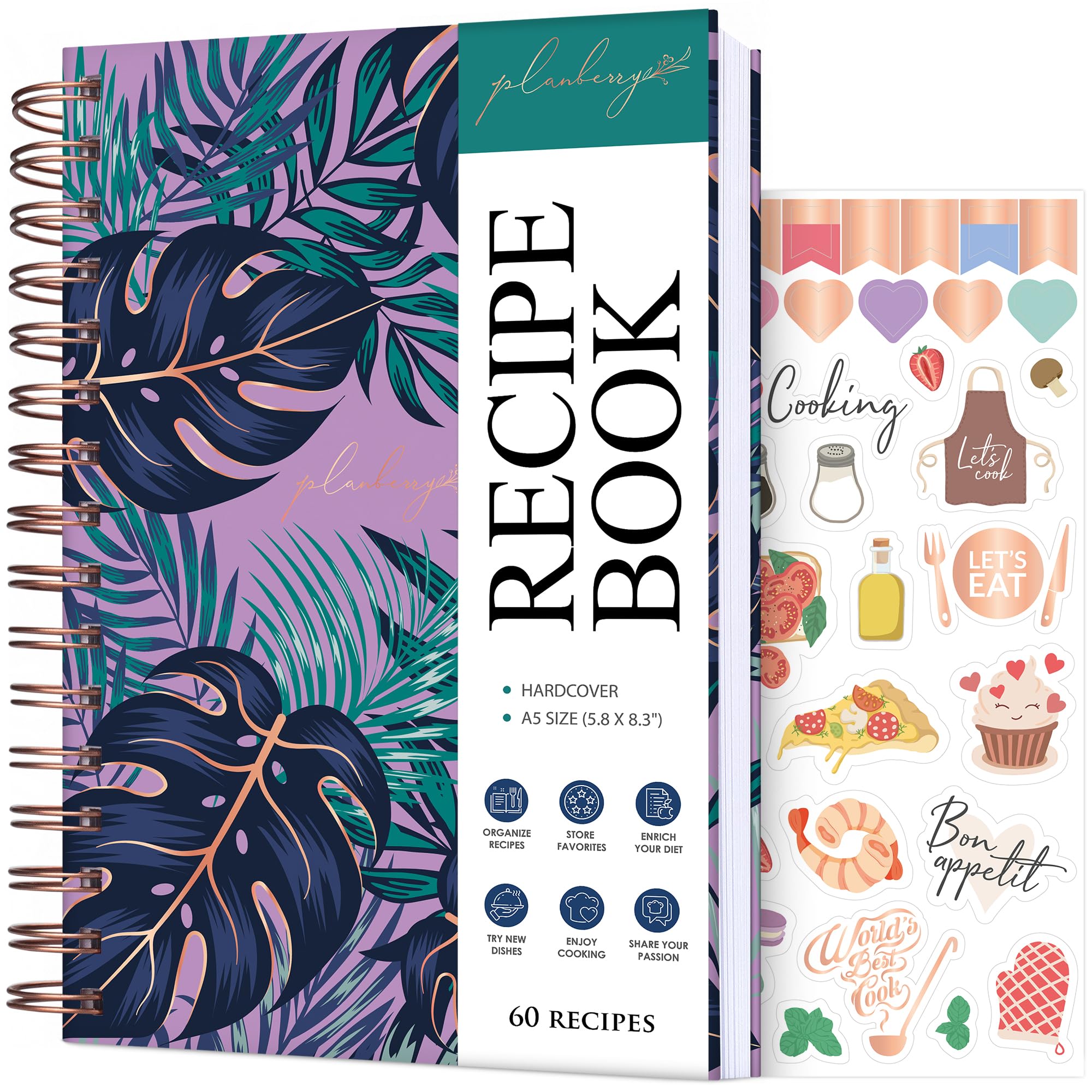 PLANBERRY Recipe Book – Blank Hardcover Cookbook to Write in Your Own Recipes – Empty Cook Book Journal to Fill in – Blank Family Recipe Notebook – 60 Recipes, 14x21cm (Wild Purple)