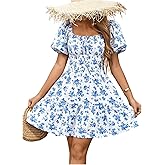 Floerns Women's Boho Square Neck Puff Short Sleeve Self Tie Front A Line Dress