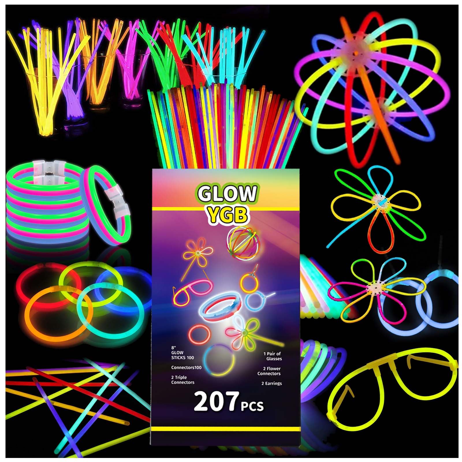 Photo 1 of 207 Glow Sticks Bulk Party Pack, Halloween Glow Sticks For Kids Camping, Glow In The Dark Sticks,8” Glow Party Supplies Bracelets with Connectors