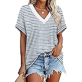 WIHOLL Womens Short Rolled Sleeve Shirts Oversized V Neck Tshirts Plus Size Summer Tops 2026 Dressy Casual Blouses S-4XL