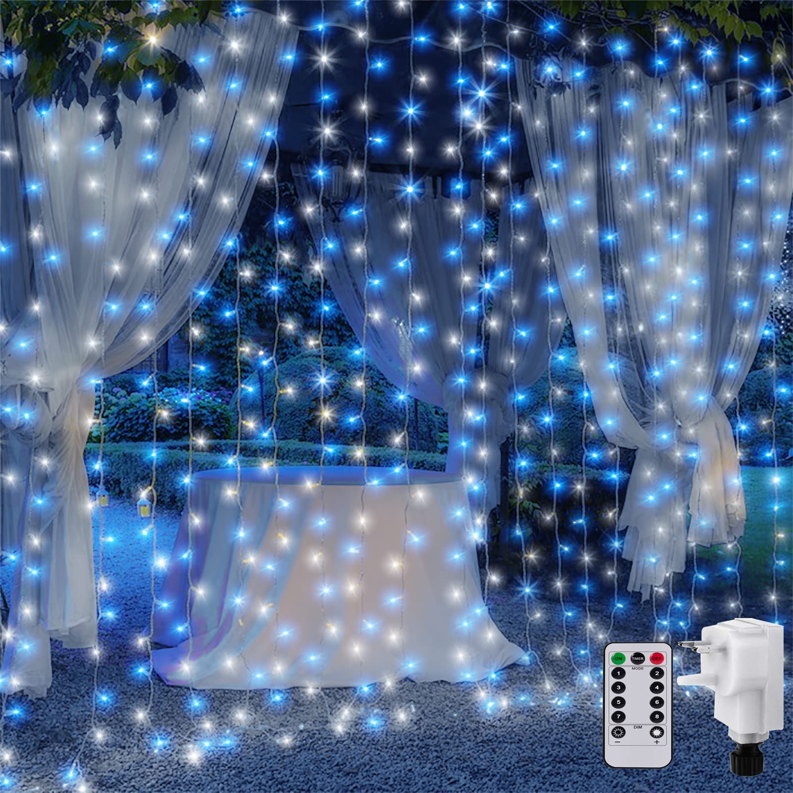 CORST 2M x 2M Curtain Light Mains Powered, Backdrop Window Curtain Light Hanging Roof Fairy Lights Plug in with Remote Timer,Linkable,204 LED for Room Indoor Gazebo Decor(Blue+White) — image 1