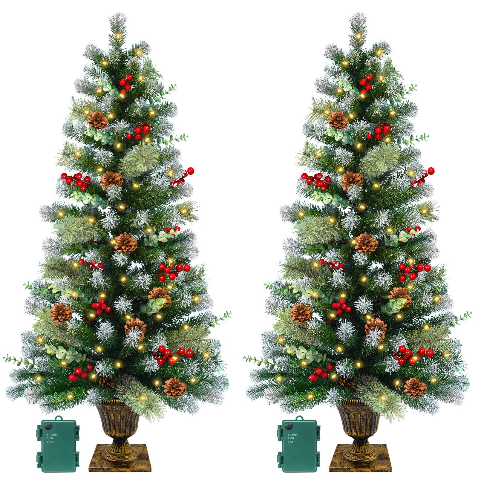 Photo 1 of 2 Set 4Ft Snowy Outdoor Christmas Entrance Tree with Timer 60 Warm Lights Battery Operated,120 Branches Tips,14 Eucalyptus,13 Smoky Pine Bristle Leaves,10 Pine Cones,9 Red Berries for Porch Front Door