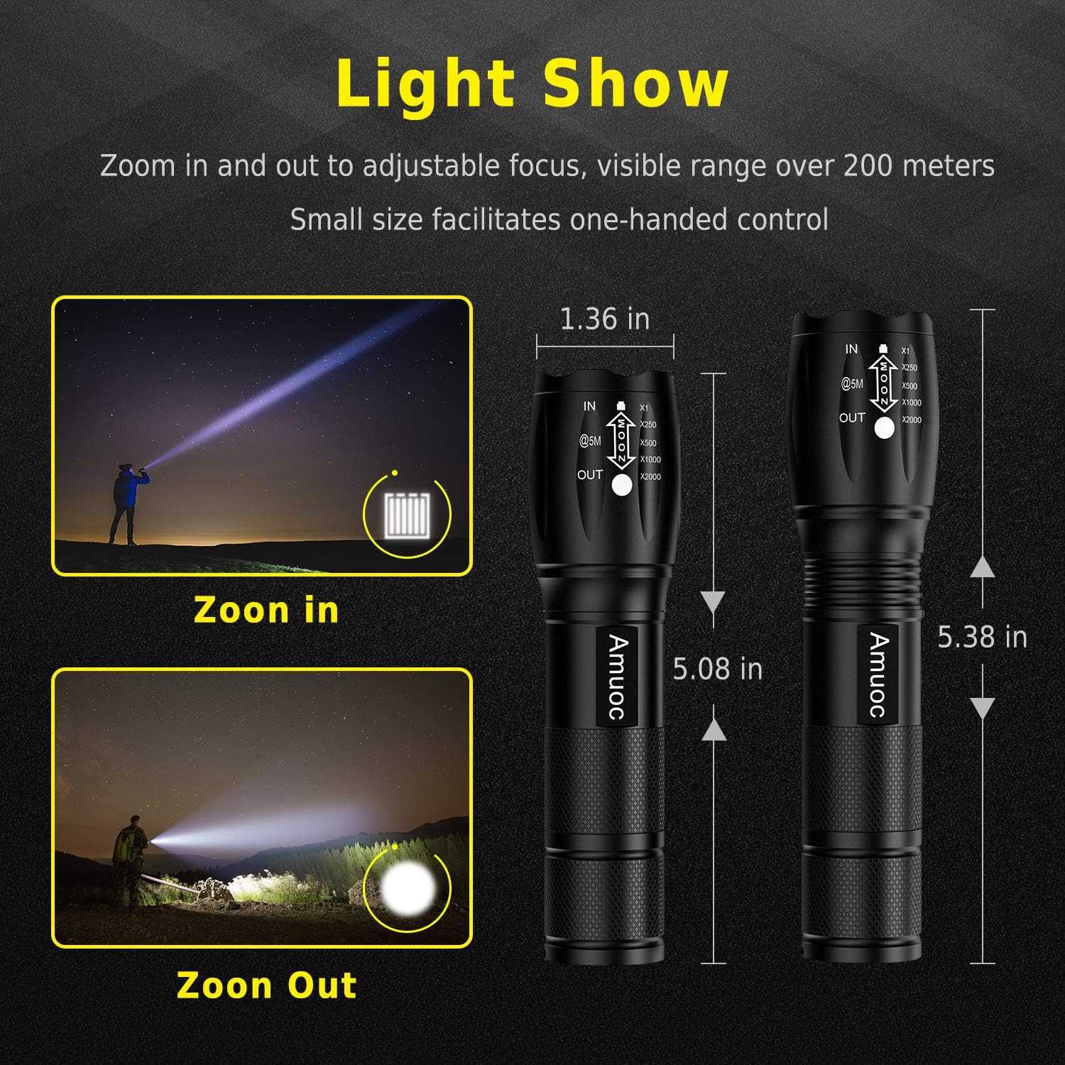 Flashlights [2 Pack], LED Tactical Flashlight S1000 - High Lumen, 5 Modes, Zoomable, Water Resistant, Handheld Light - Best Camping/Outdoor/Hiking/Emergency/Gift-Giving (Batteries Not Included)(Black) - - 