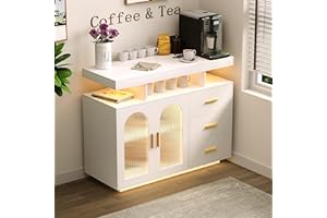 HWB Sideboard Buffet Cabinet with Storage with 3 Drawers and 2 Doors, Auto-Sensor 20 Color Lights Console Table with Charging Station,Touch Control Console Coffee Bar Table for Kitchen,Dinning(White)