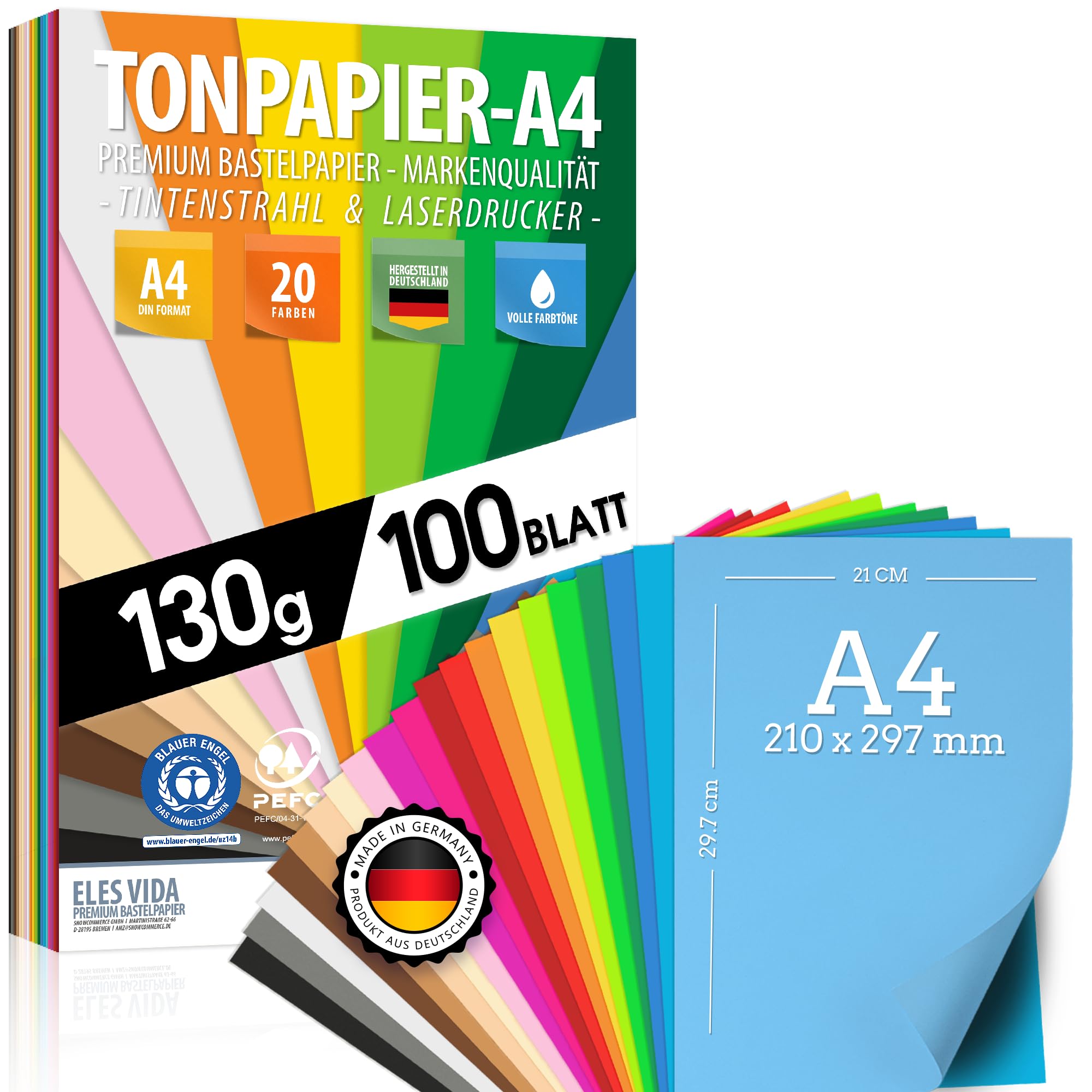 100 Sheets of Coloured Paper - Coloured Paper DIN A4 130 g/m² Set 20 Colours - Sturdy Craft Paper & Coloured Sheets, Children & DIY Sheets, Gifts for Creative, Printable