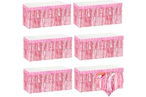 MEBIORNT 6 Pack 29x108 Inch Pink Metallic Foil Fringe Table Skirts Banner for Tinsel Streamer Garland Curtains Backdrop for Parade Floats Wedding Baby Shower Birthday Christmas Halloween Party Decoration