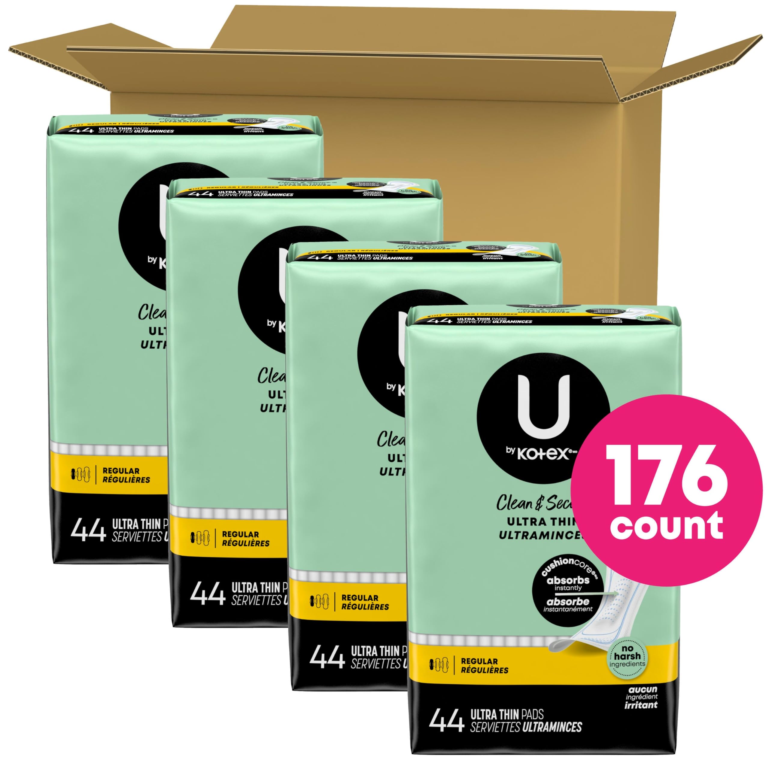 U by Kotex Clean & Secure Ultra Thin Pads, Regular Absorbency, 176 Count (4 Packs of 44) (Packaging May Vary)