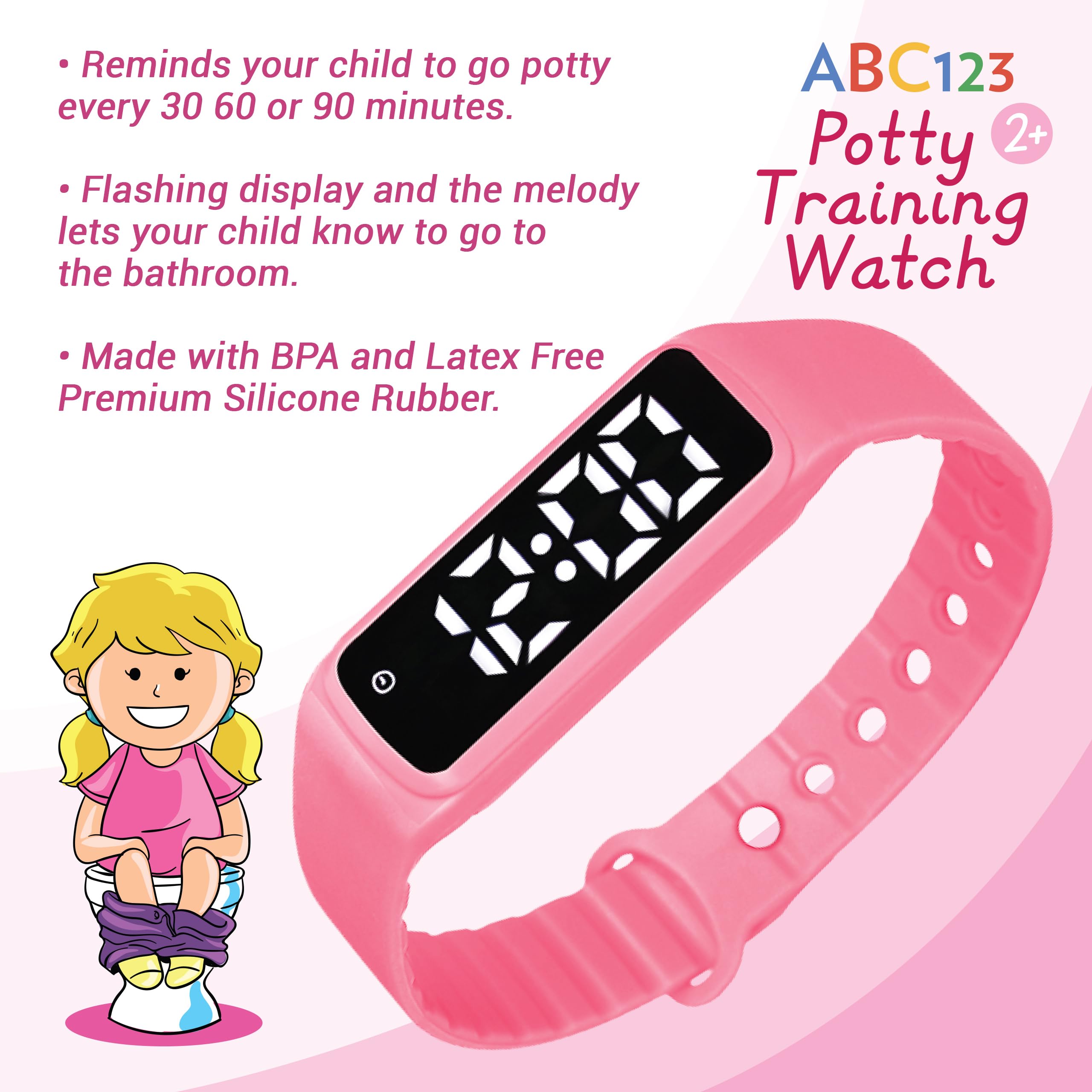 ABC123 Potty Training Watch - Baby Reminder Water Resistant Timer for Toilet Training Kids & Toddler (Pink)