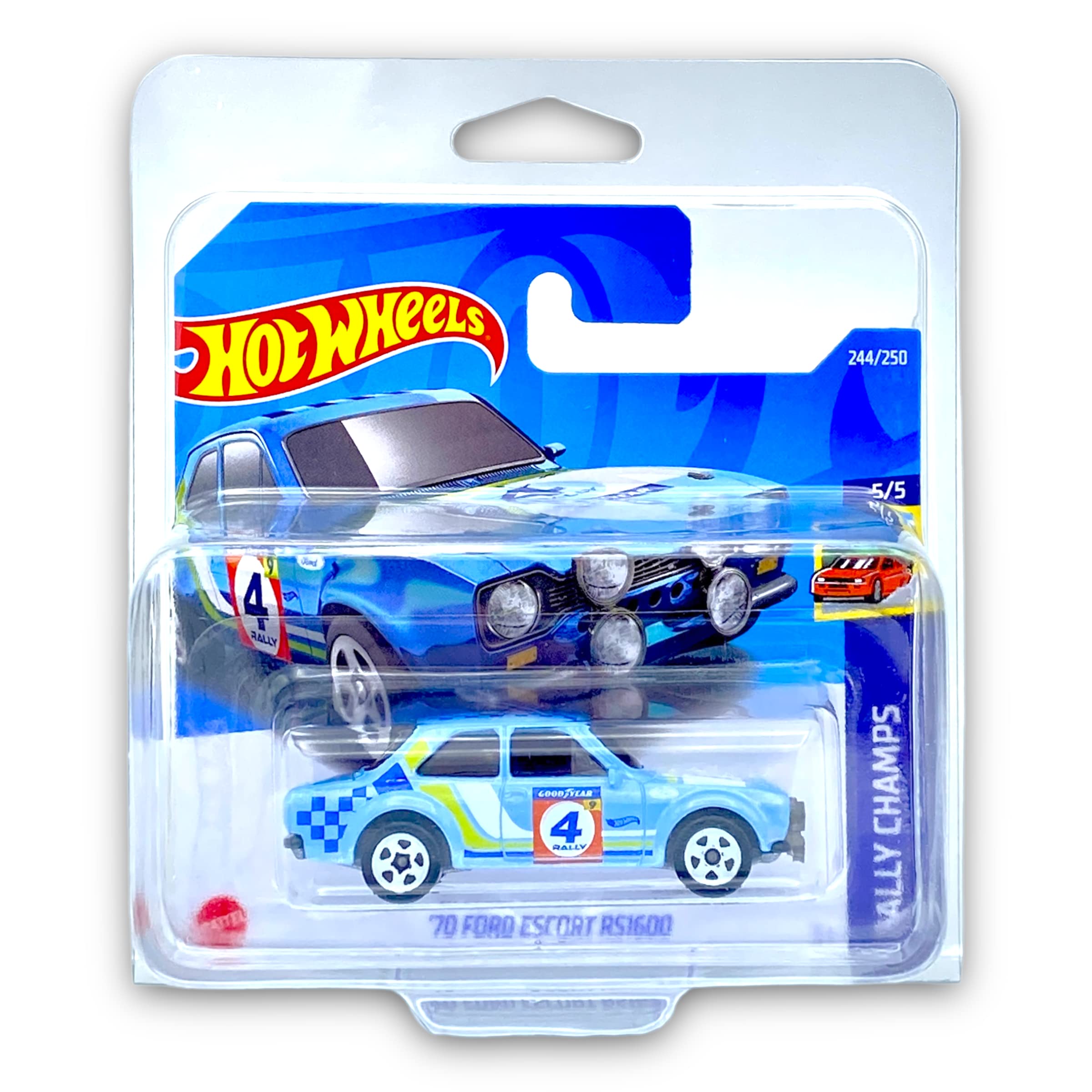 Hot Wheels '70 Ford Escort RS1600 (Blue) 5/5 Rally Champs 2022-244/250 (Short Card) - COMES IN A KLAS CAR KEEPER PROTECTIVE COLLECTORS CASE - HCV30