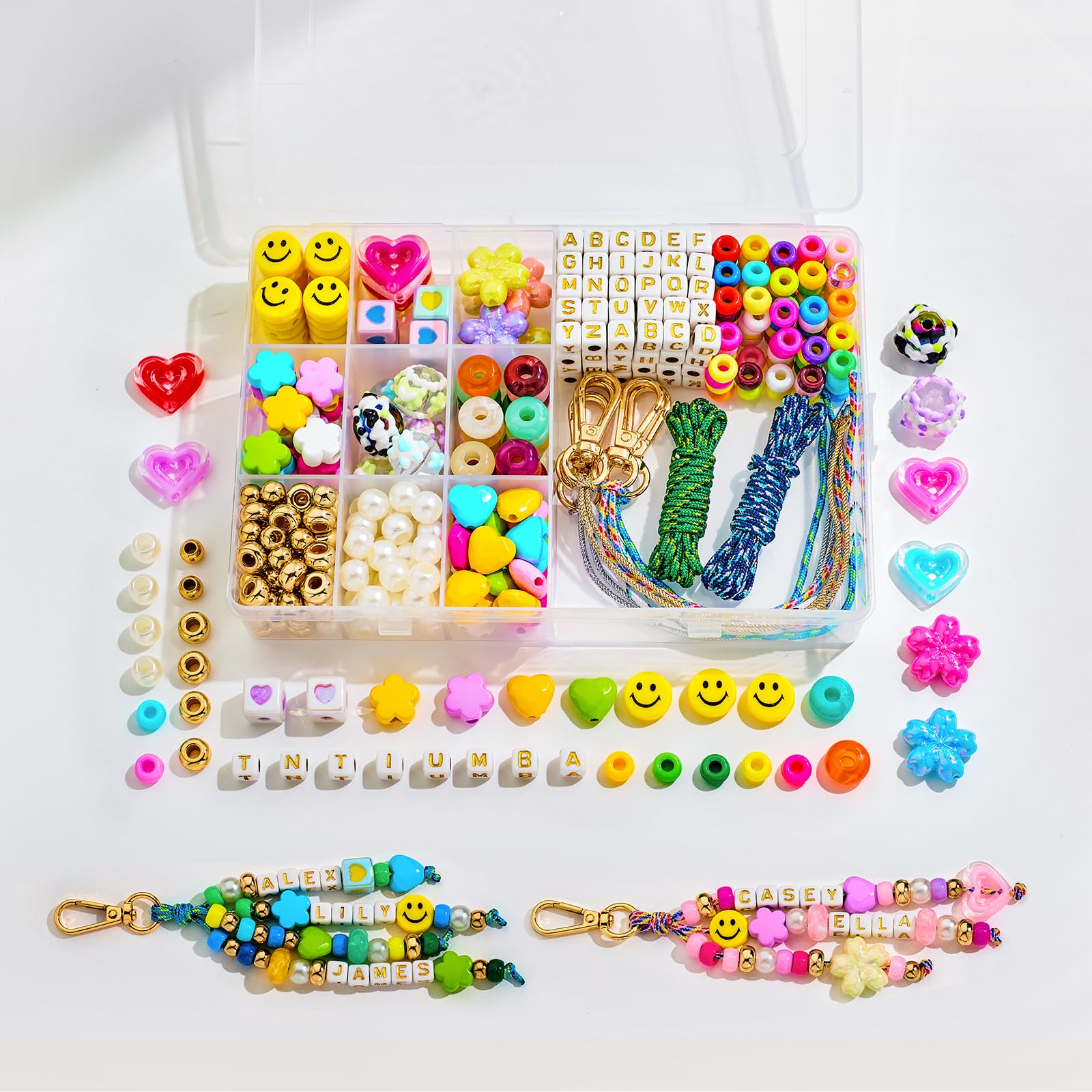 HolidayQbee DIY Keychain Making Kit Bag Charm Making Set Beaded Keyring Supplies Acrylic Smiley Face Flower Heart Alphabet Letter Beads Personalised Jewellery Craft Gift