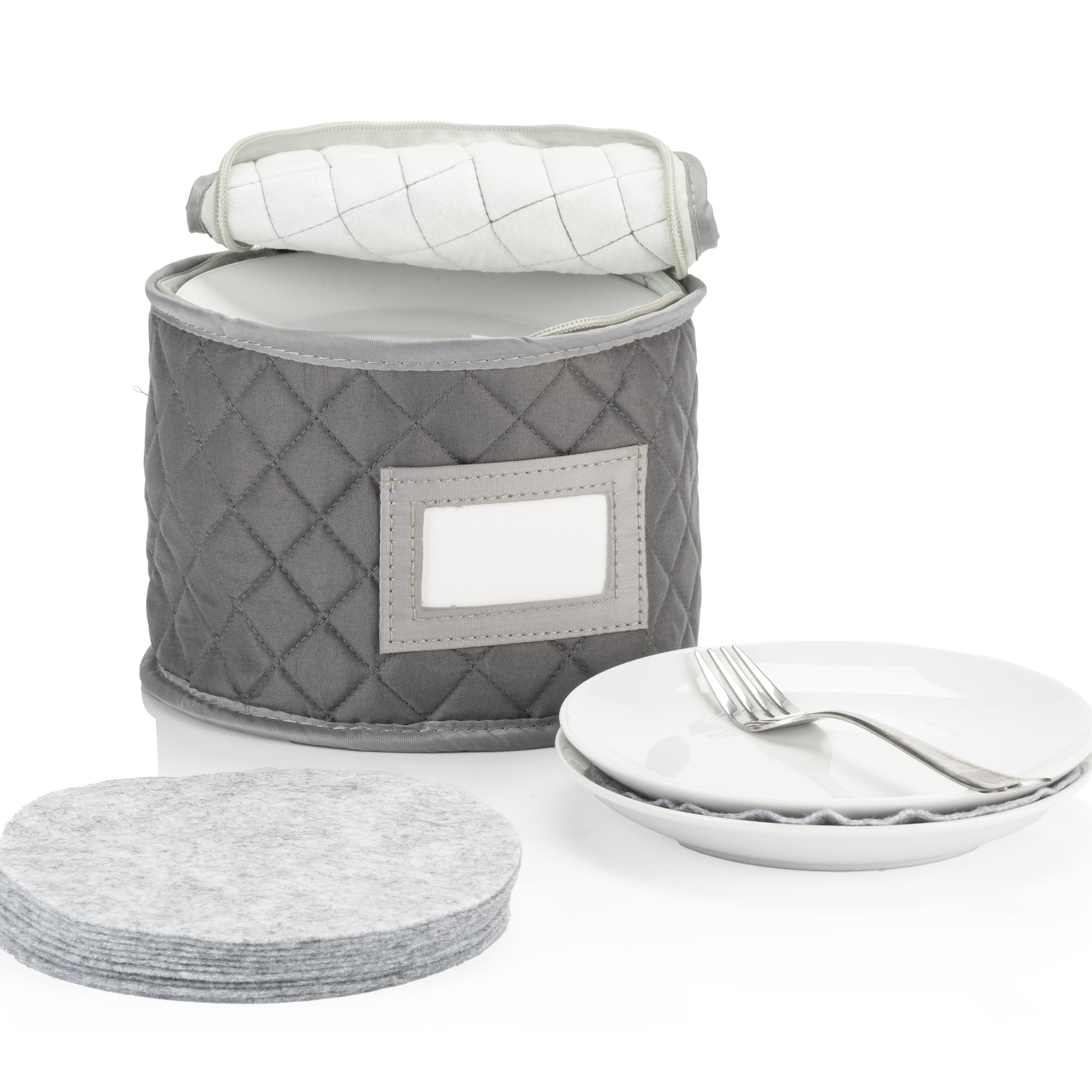 Stack Store Plus More China Storage Case - Saucer or Small Plate Quilted Case - 7 inches diameter x 6 inches height - Gray - Includes 12 Felt Separators by G Brands, LLC