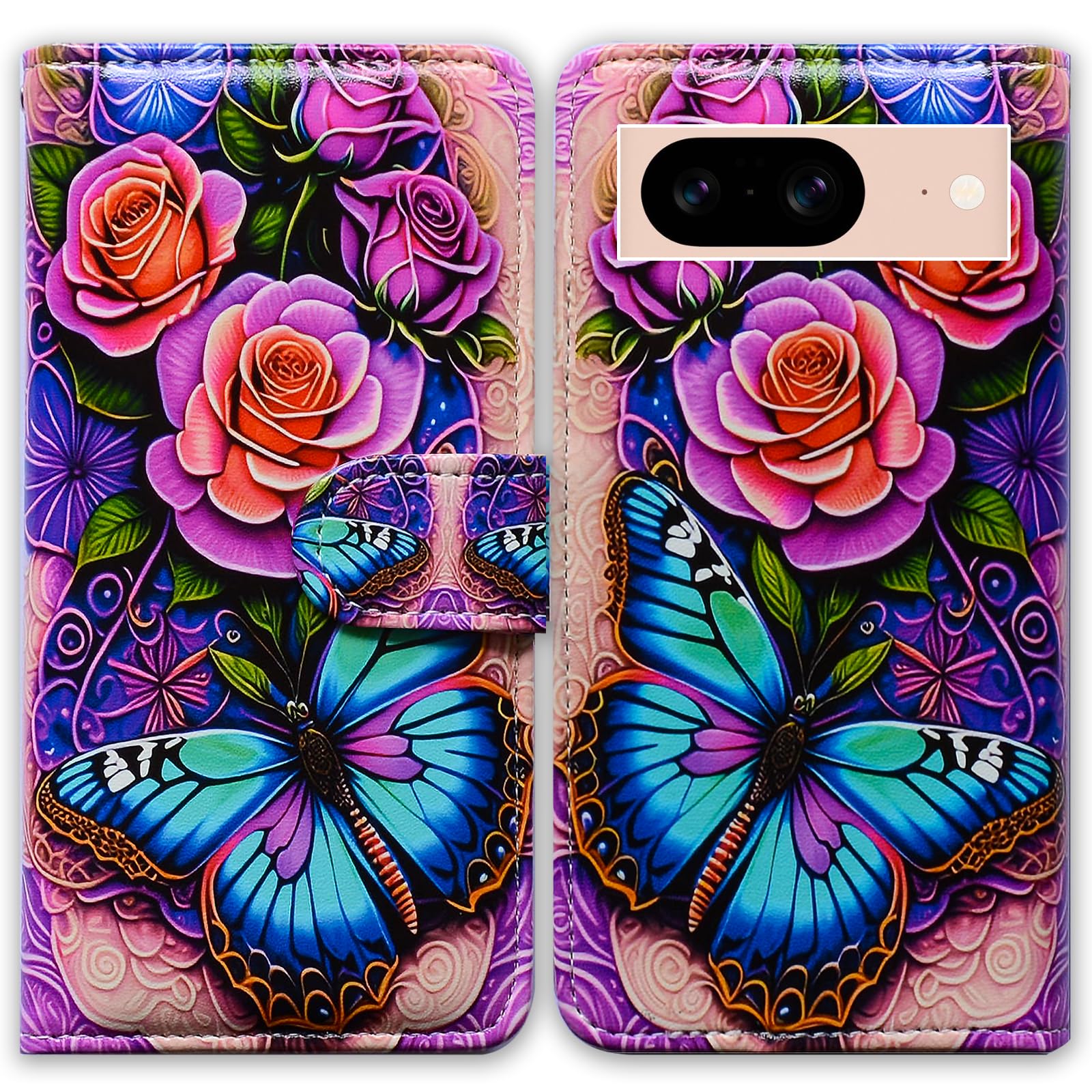 Bcov Pixel 8 Case,Blue Butterfly Flowers Rose Leather Flip Phone Case Wallet Cover with Card Slot Holder Kickstand For Google Pixel 8