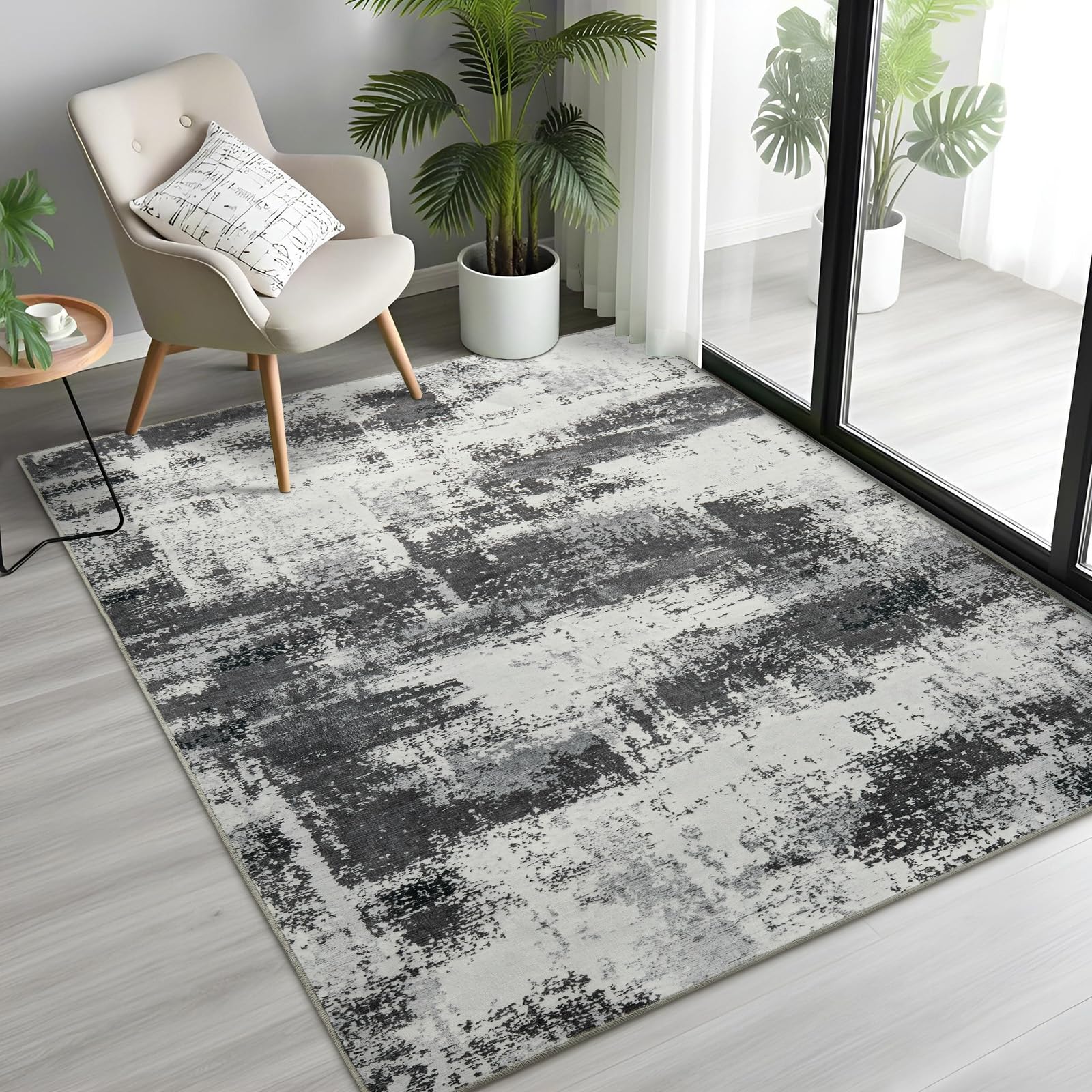 Photo 1 of Enqinar Modern Abstract 3x5 Rug for Entryway, Non Slip Machine Washable Area Rug, Soft Low Pile Ultra Thin Distressed Doormat for Indoor Entry, Kitchen, Dorm, Living Room, Bedroom, Grey
