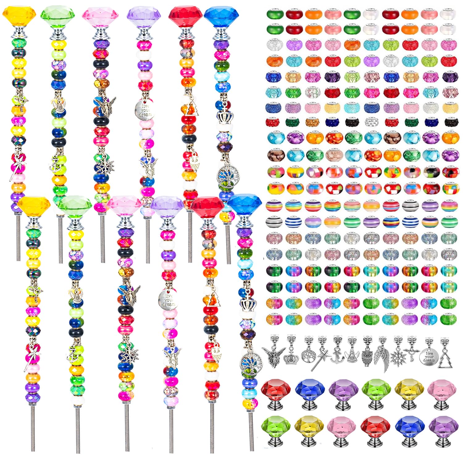 Prefdo 236 PCS Decorative Garden Stakes DIY Fairy Wand Beaded Garden Stakes Wands Kit with Diamond Stopper Tops, 12 in Threaded Rod, 200 Colorful Beads for Indoor Outdoor Plant Flower Pot Décor