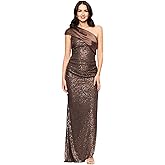 Betsy & Adam Womens Sequin One Shoulder Satin Drape Ruched Floor Length Dress