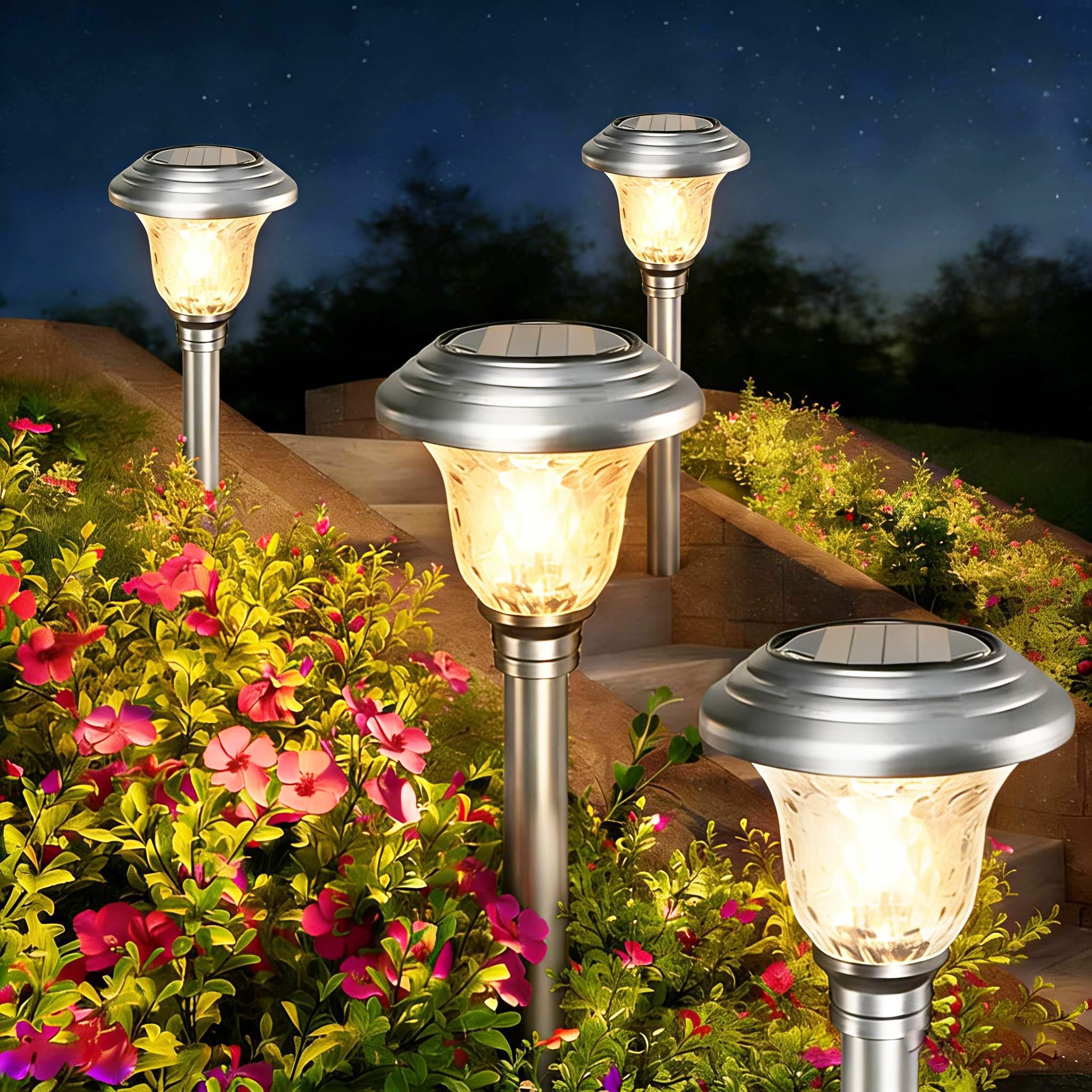 BEAU JARDIN 8 Pack Metal Garden Solar Lights Outdoor Christmas Decorations Waterproof 900mAh LED Solar Stake Lights Weatherproof Glass Lens Stainless Steel Pathway Lighting Sun Powered Landscape Lawn