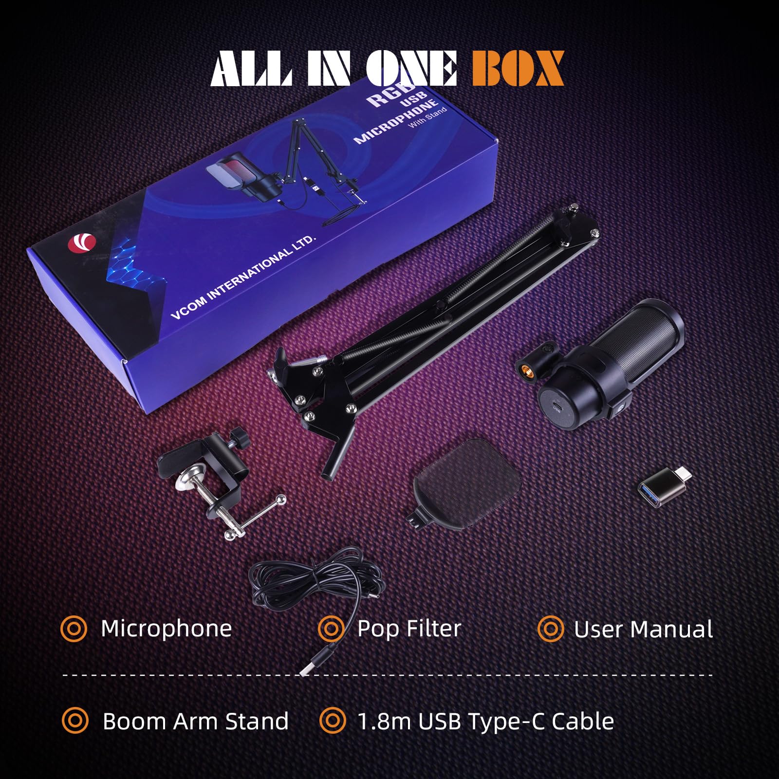 V VCOM Gaming Mikrofon mit Arm, USB Microphone Kit mit RGB Modi, Mute 9