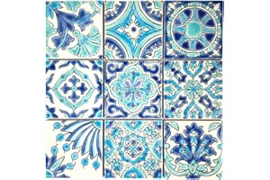 DYARI Set of 9 Decorative Ceramic Tiles – Hand Painted Indoor & Outdoor – Artisan Top Kitchen – Mediterranean Decorative 4x4 / One Tile Durable Colorful (Turquoise & Blue, 9 Tiles (1 Sq Ft))