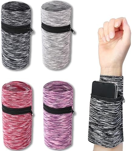 Lot De 4 Bracelets Portefeuille De Poignet - Fermeture éclair, Coton, 8x8 Cm, Pour Sport, Running, Tennis