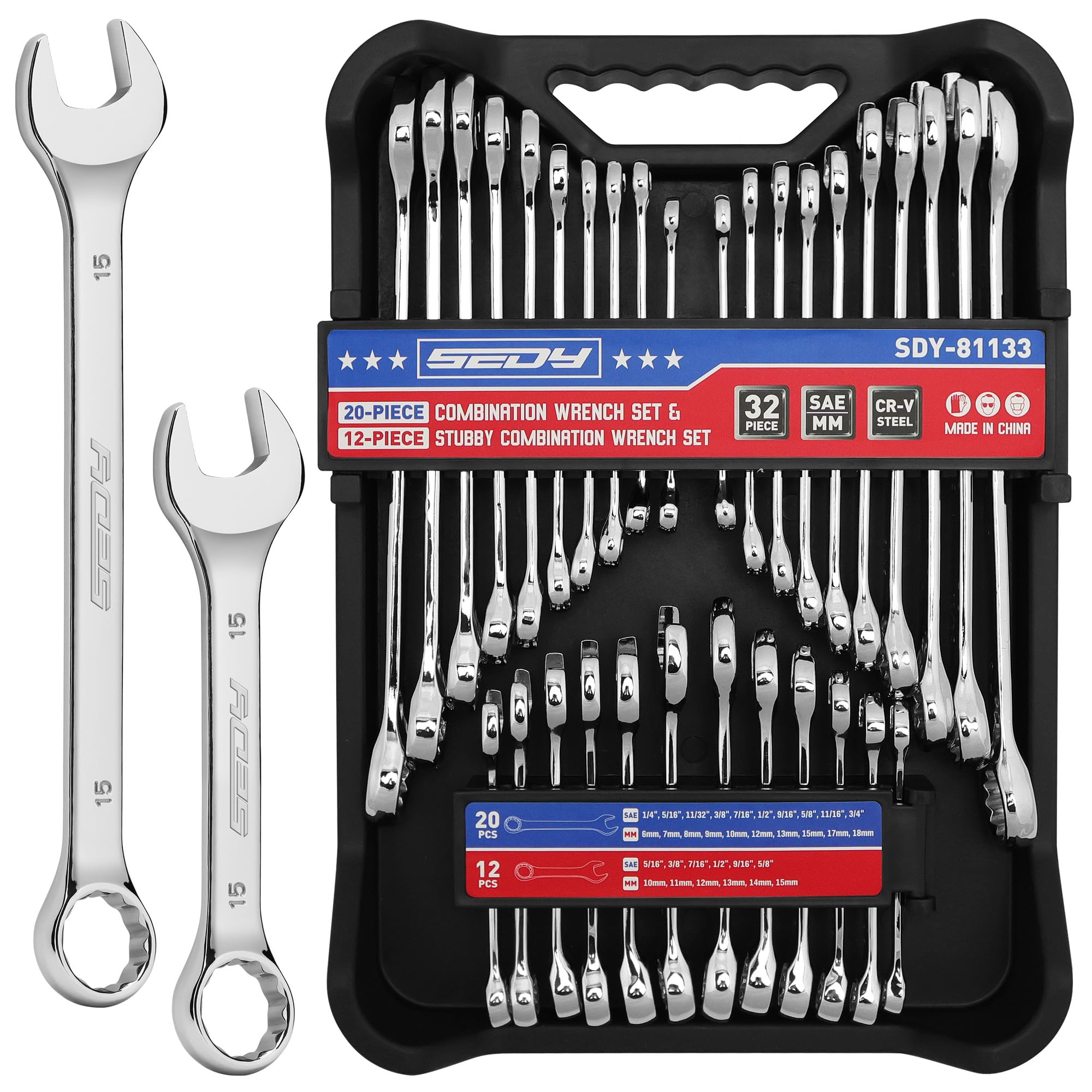 Photo 1 of 32-Piece Combination Wrench Sets SAE & Metric, Open-Box-End Combination Stubby Wrench Set Includes 20 Standard and 12 Stubby Wrenches, Open End and 12-Point Box End Wrench Set with Organizer Box