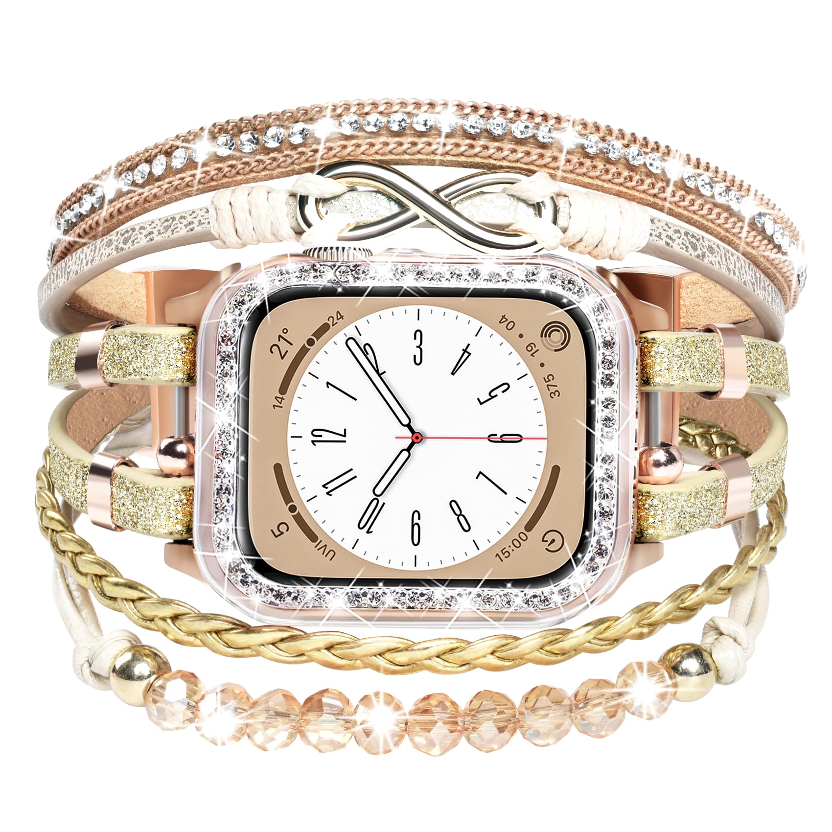 Boho Bracelet & Case Compatible with Apple Watch Band 40mm 44mm 45mm 46mm 41mm 38mm 42mm(S11 S10) Women, Dressy beaded Handmade Leather Strap for iWatch Series11 10 9 8 7 6 5 4 3 2 1 SE