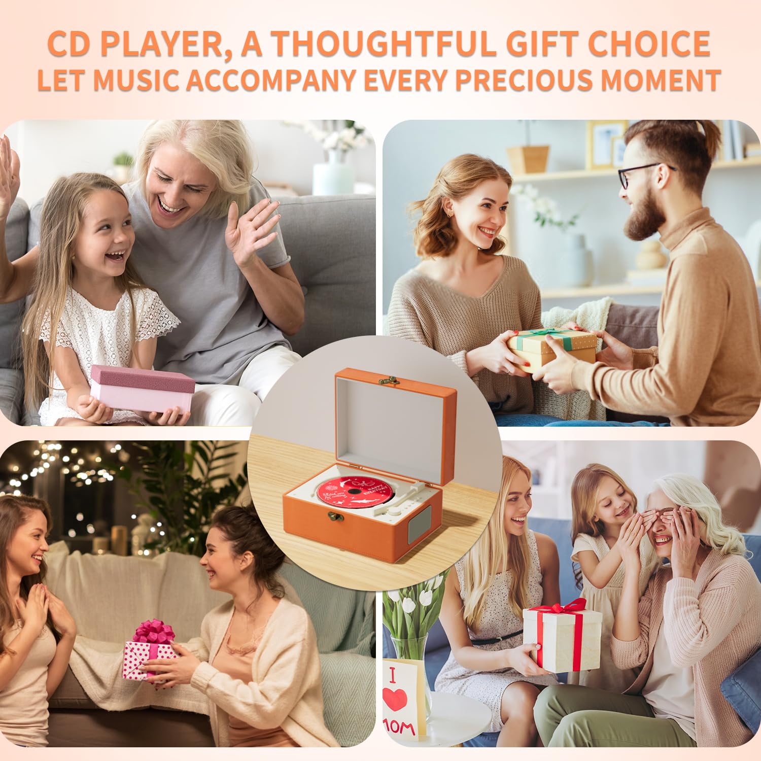 Yintiny Time Music Box CD Player with Speakers; Bluetooth Transmitter; Festival Gift; BGM Player for Home Decor (Orange)