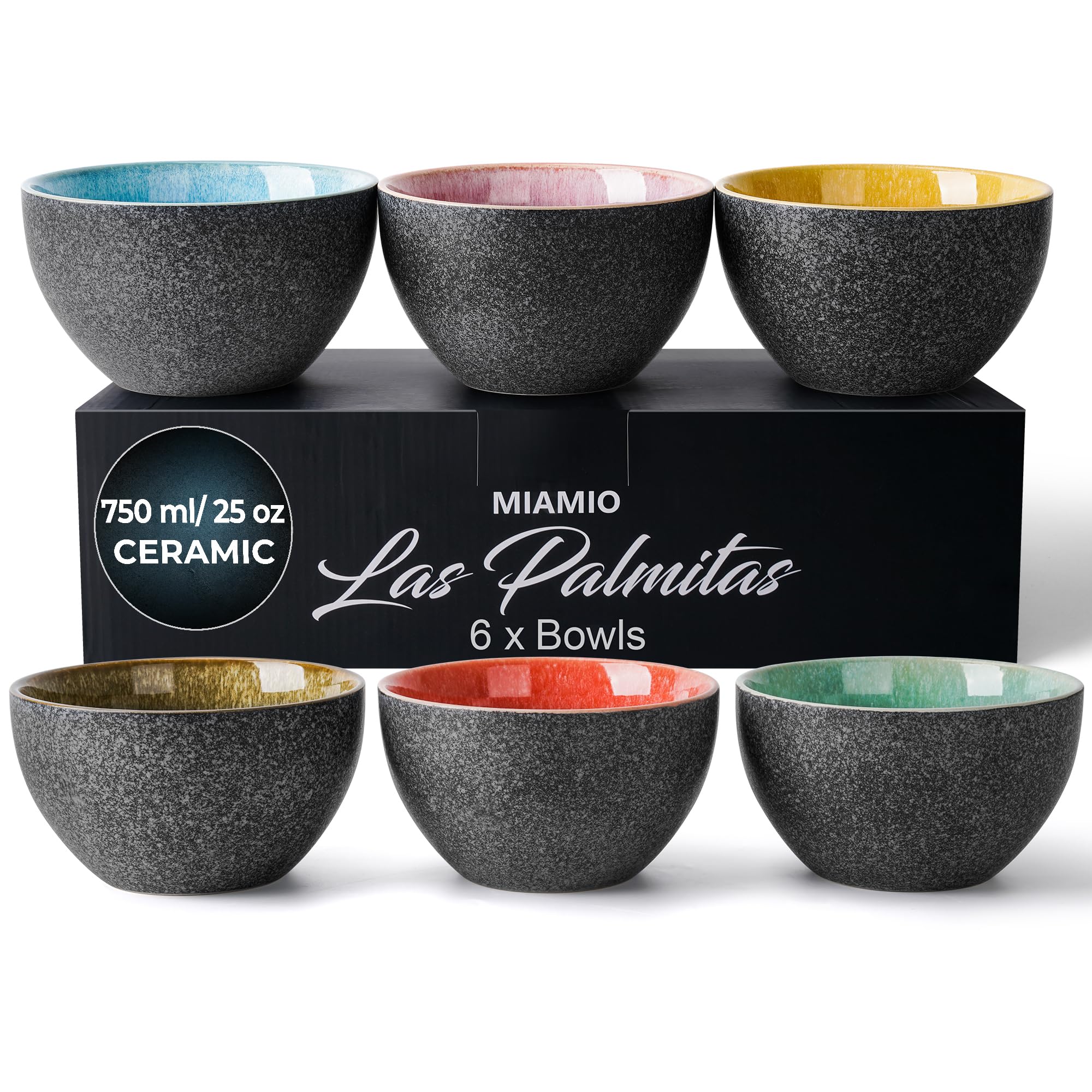 MIAMIO – 750 ml, Bowls Set of 6, Ceramic, Salad, Soup, Cereal, Kitchen, Rice Bowls – Microwave and Dishwasher Safe – Las Palmitas Collection