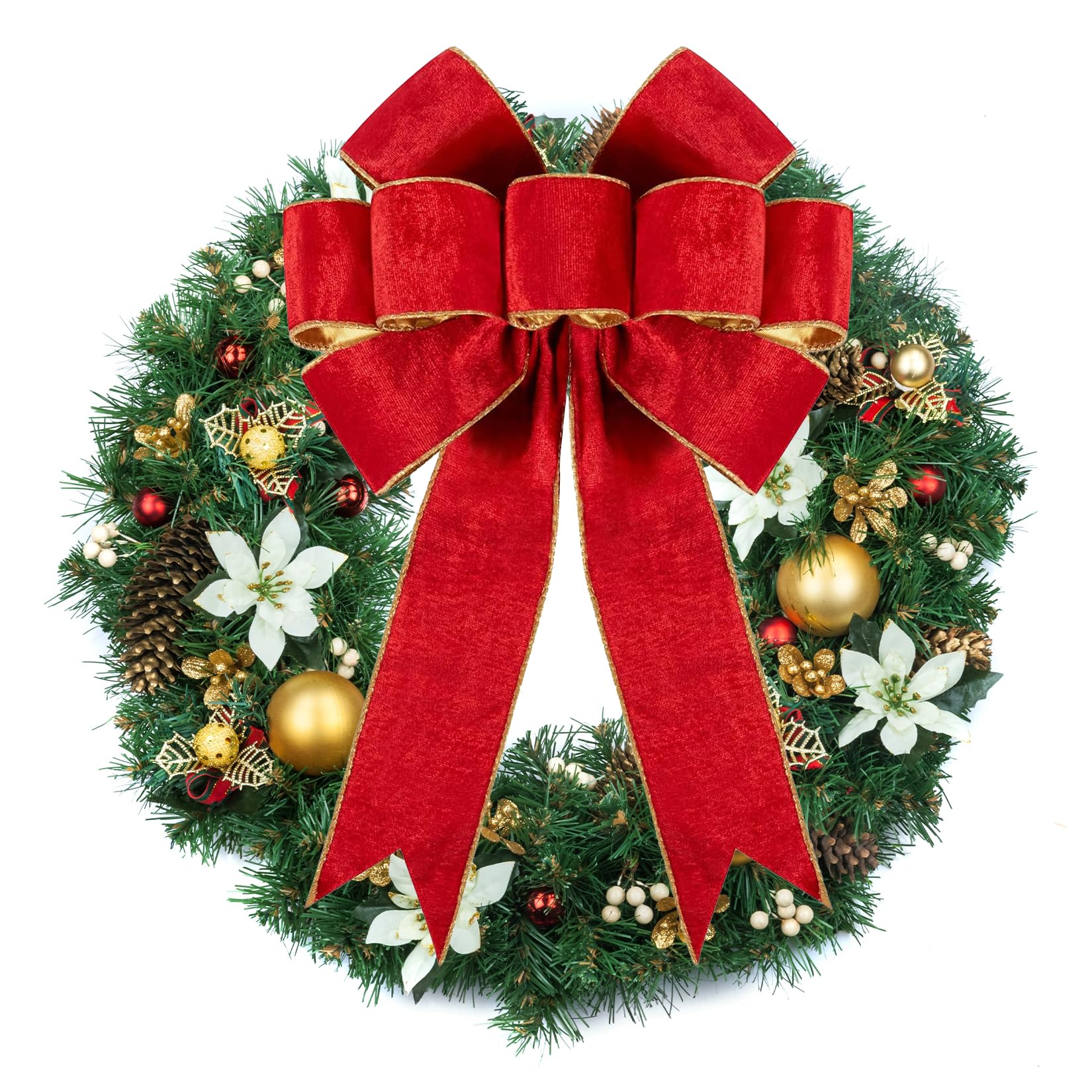 Photo 1 of 1 Pack Large Christmas Red Bows for Christmas Tree with Gold Border & Back, 16" x 24" Velvet Bows for Tree Topper,Wreaths,Indoor,Outdoor,Fireplace,Stairs,Railing,Porch,Xmas Decoration